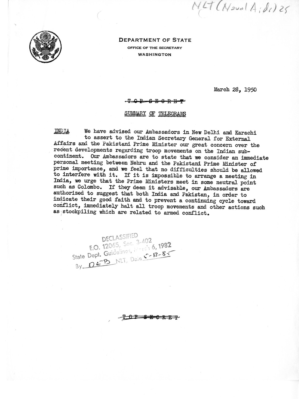 Memorandum, Department of State Summary of Telegrams