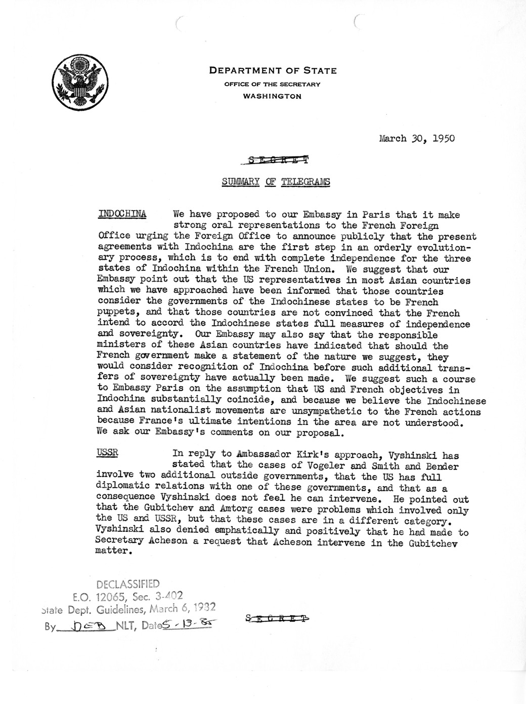 Memorandum, State Department Summary of Telegrams