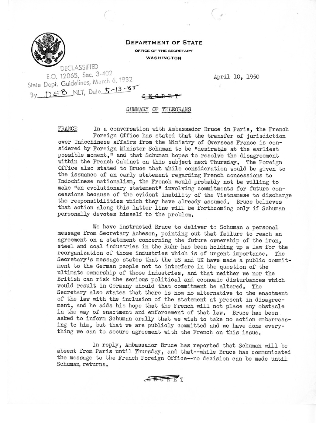 Memorandum, Department of State Summary of Telegrams