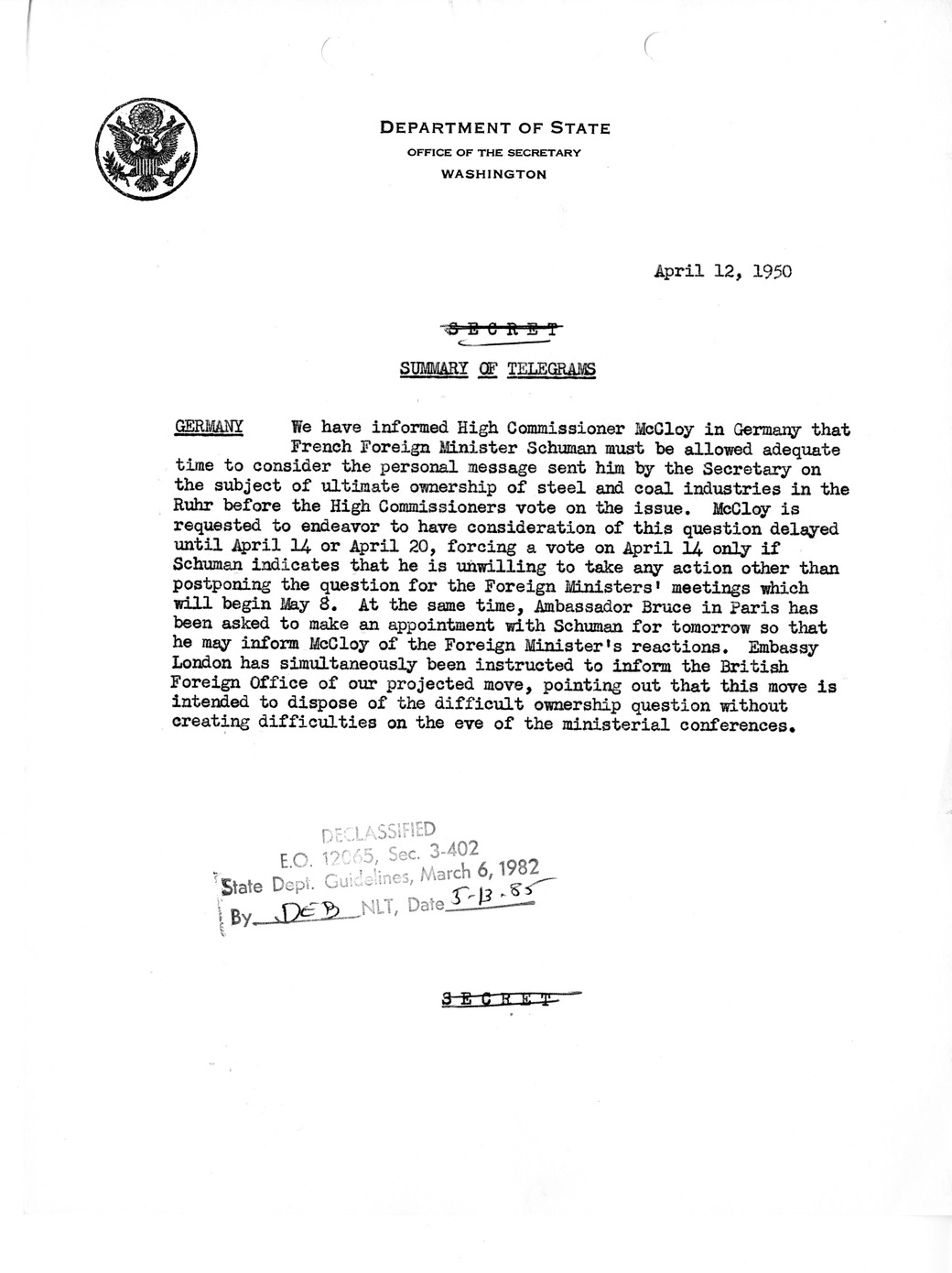 Memorandum, Department of State Summary of Telegrams