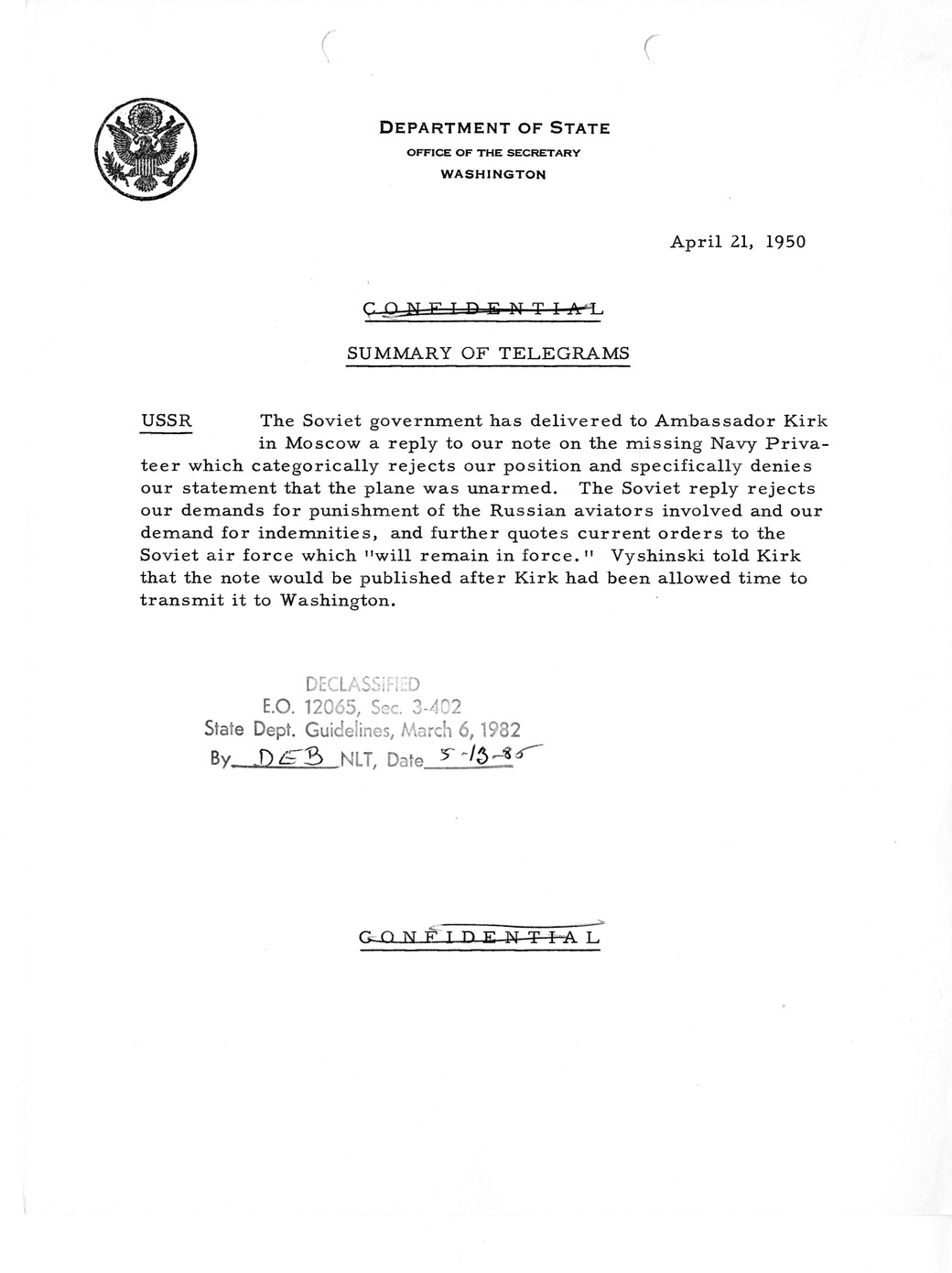 Memorandum, State Department Summary of Telegrams