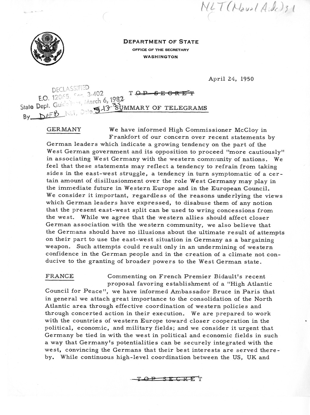 Memorandum, State Department Summary of Telegrams