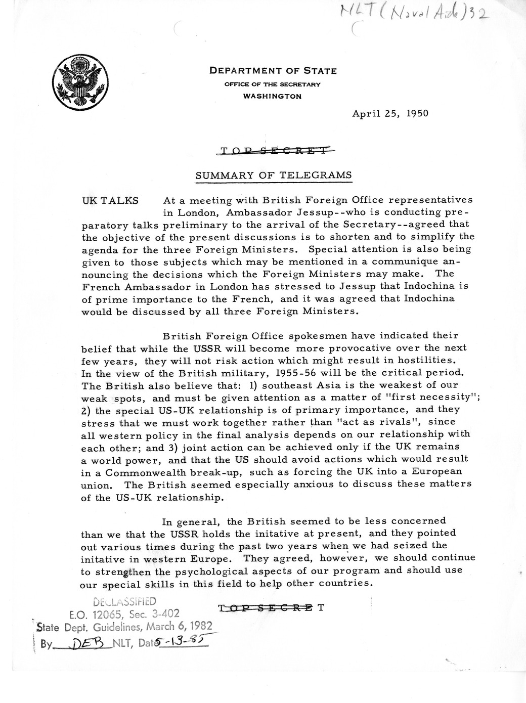 Memorandum, Department of State Summary of Telegrams