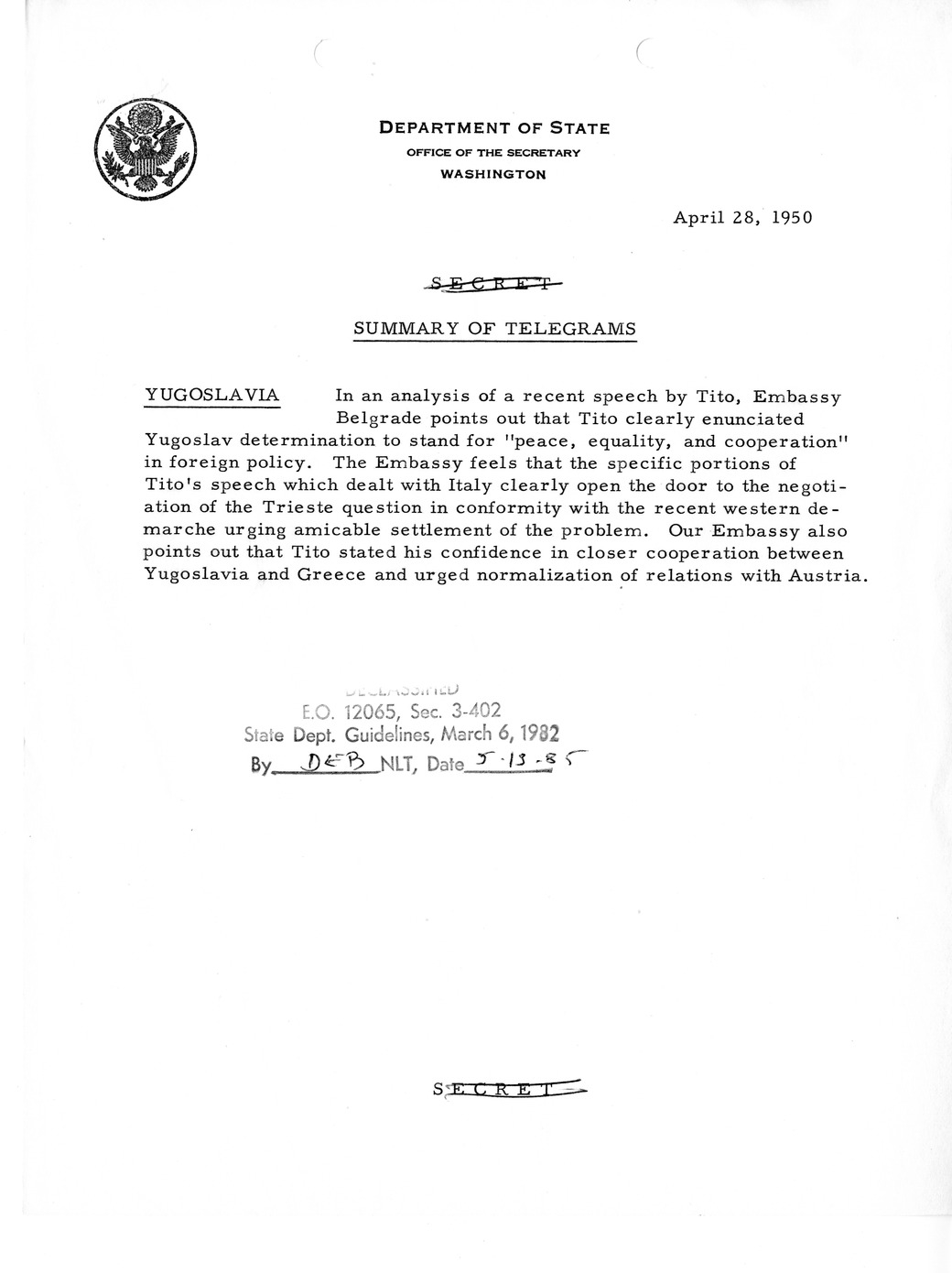 Memorandum, Department of State Summary of Telegrams