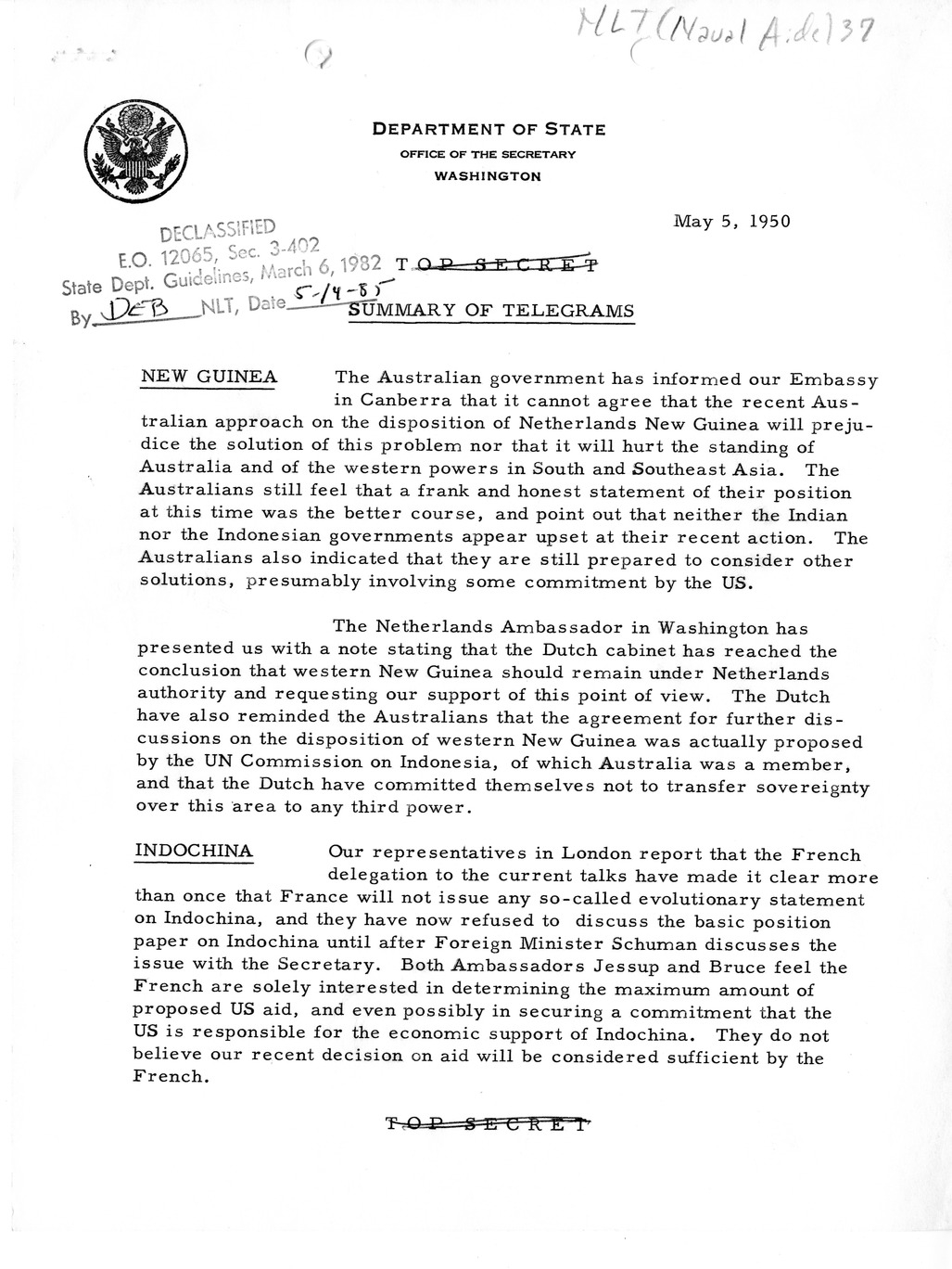 Memorandum, State Department Summary of Telegrams