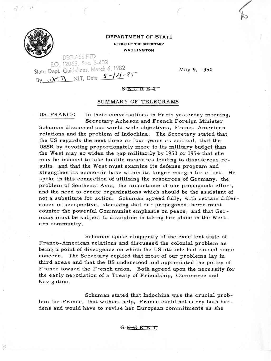 Memorandum, Department of State Summary of Telegrams