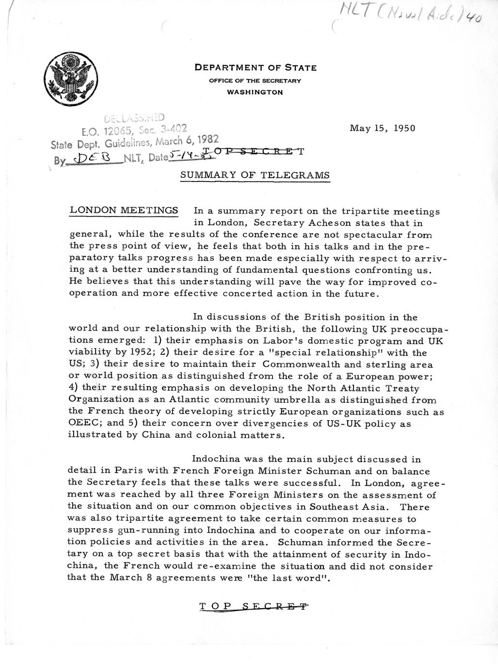 Memorandum, Department of State Summary of Telegrams