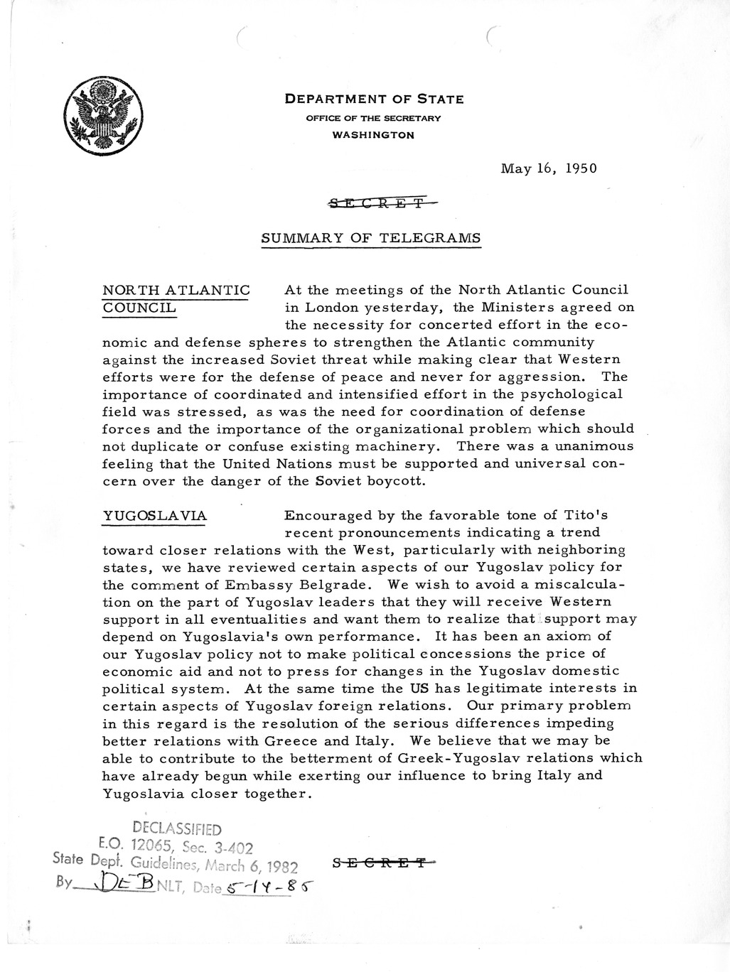 Memorandum, Department of State Summary of Telegrams