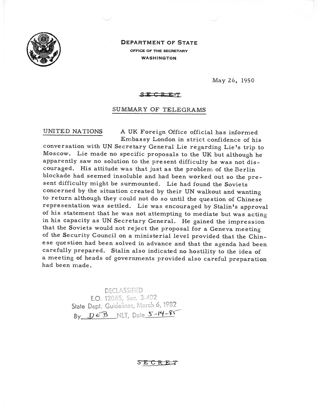 Memorandum, Department of State Summary of Telegrams