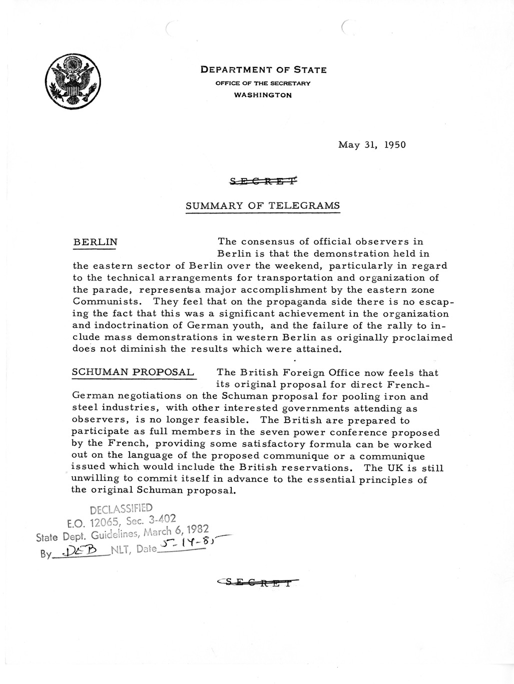 Memorandum, State Department Summary of Telegrams