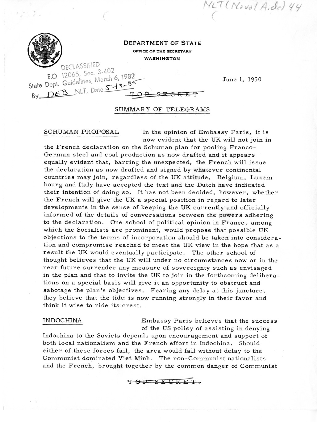 Memorandum, Department of State Summary of Telegrams