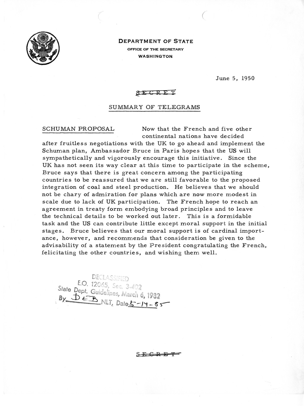 Memorandum, State Department Summary of Telegrams