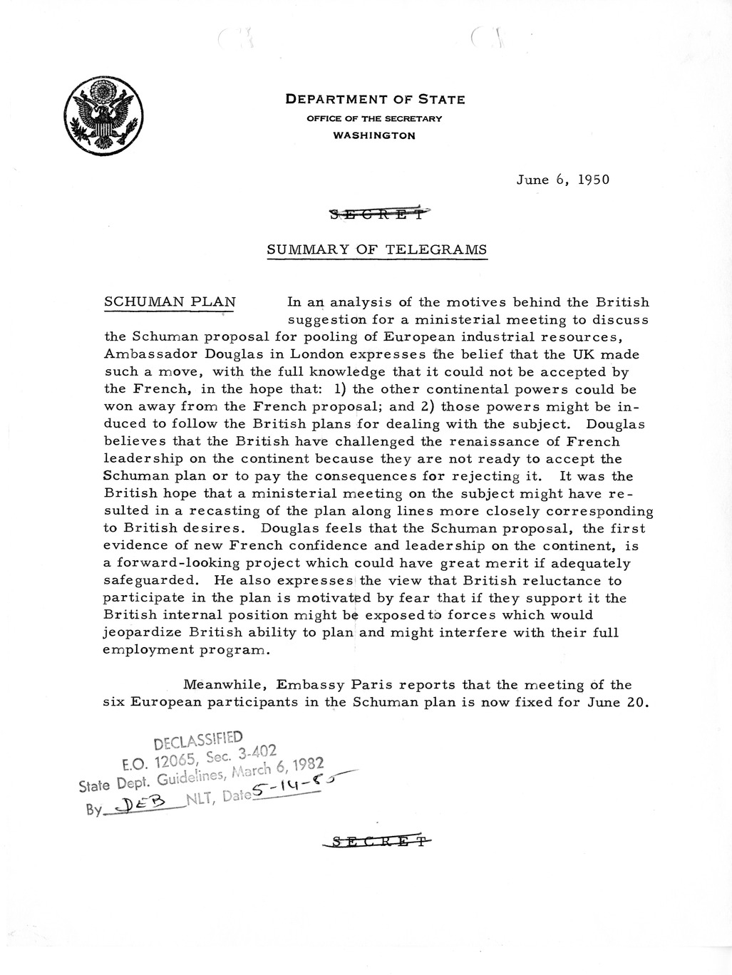 Memorandum, Department of State Summary of Telegrams