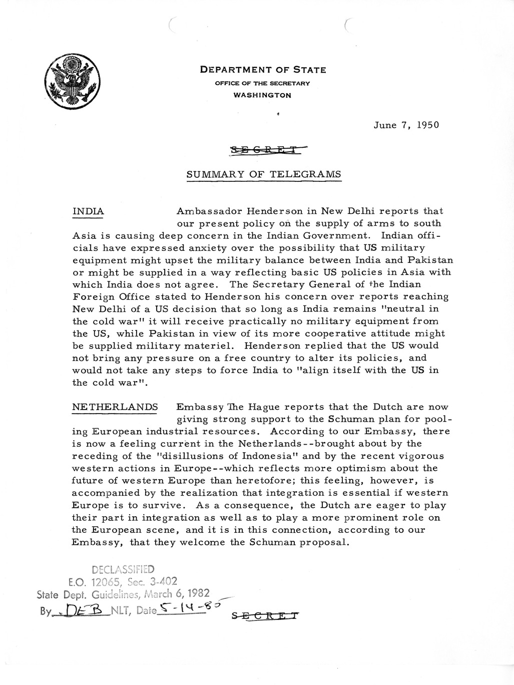 Memorandum, Department of State Summary of Telegrams