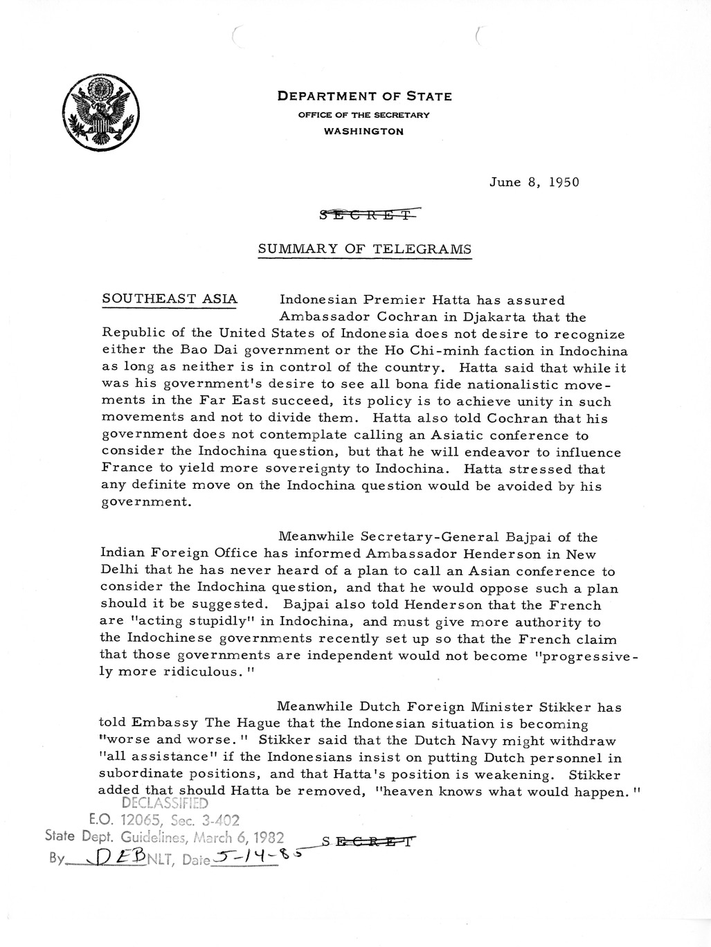 Memorandum, Department of State Summary of Telegrams