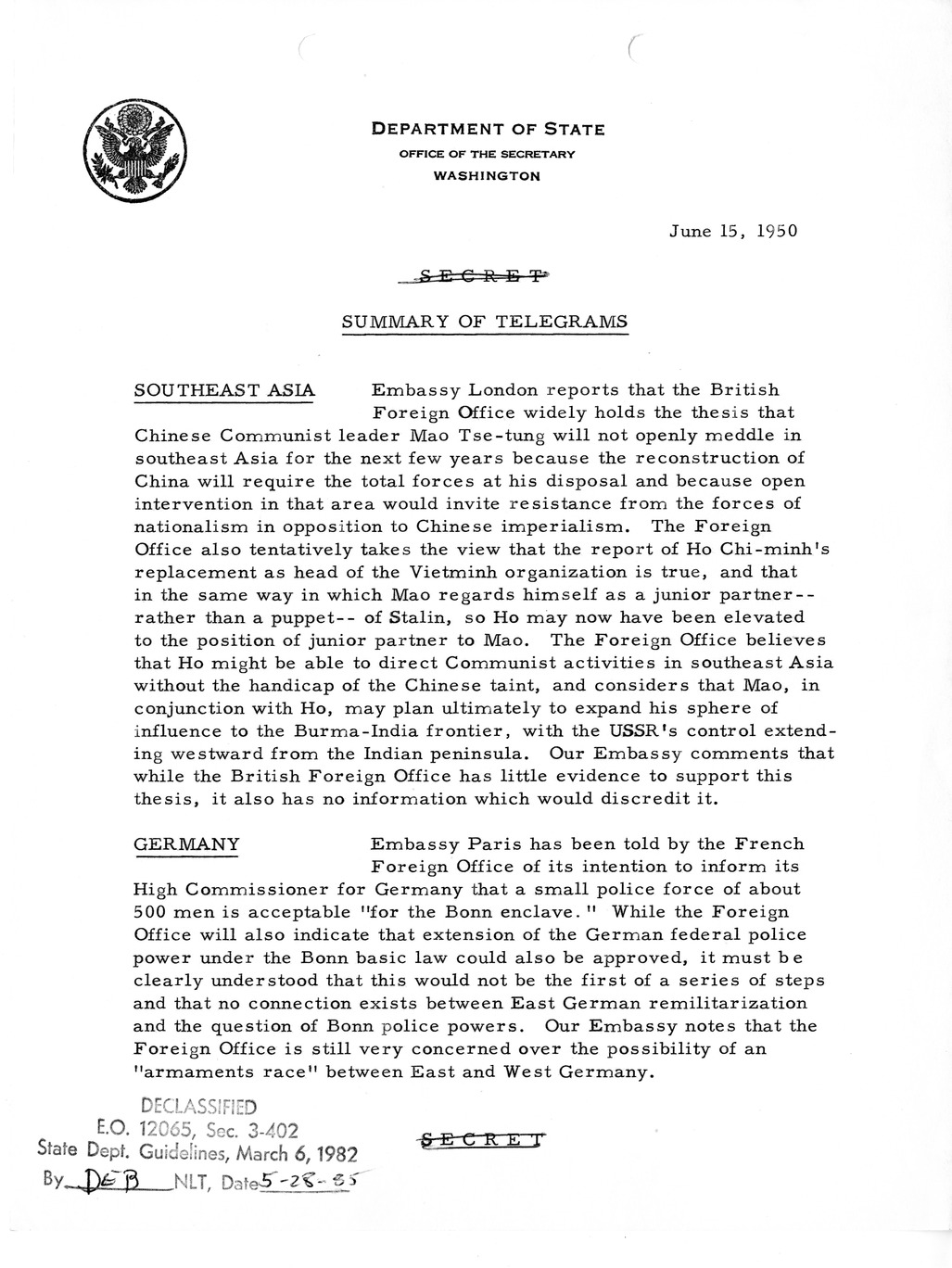 Memorandum, Department of State Summary of Telegrams