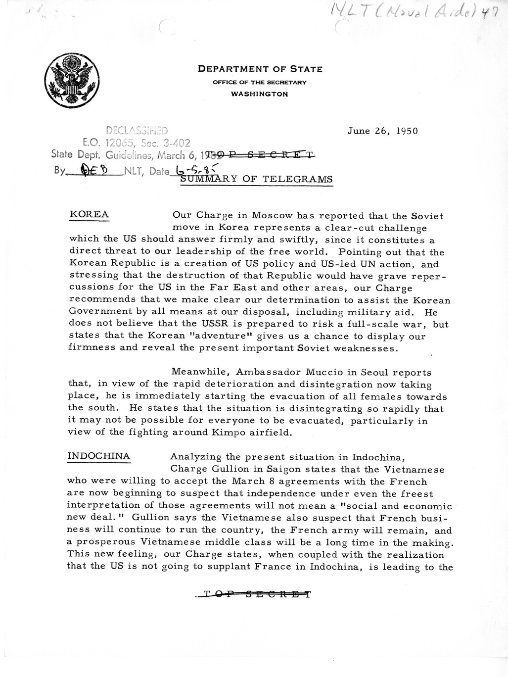 Memorandum, Department of State Summary of Telegrams