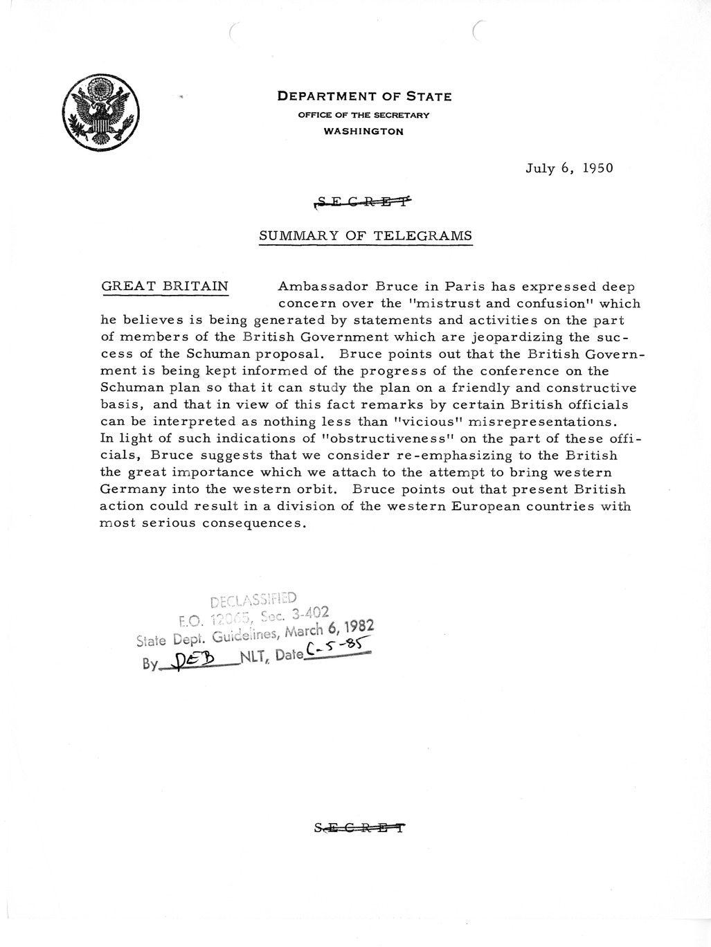 Memorandum, State Department Summary of Telegrams