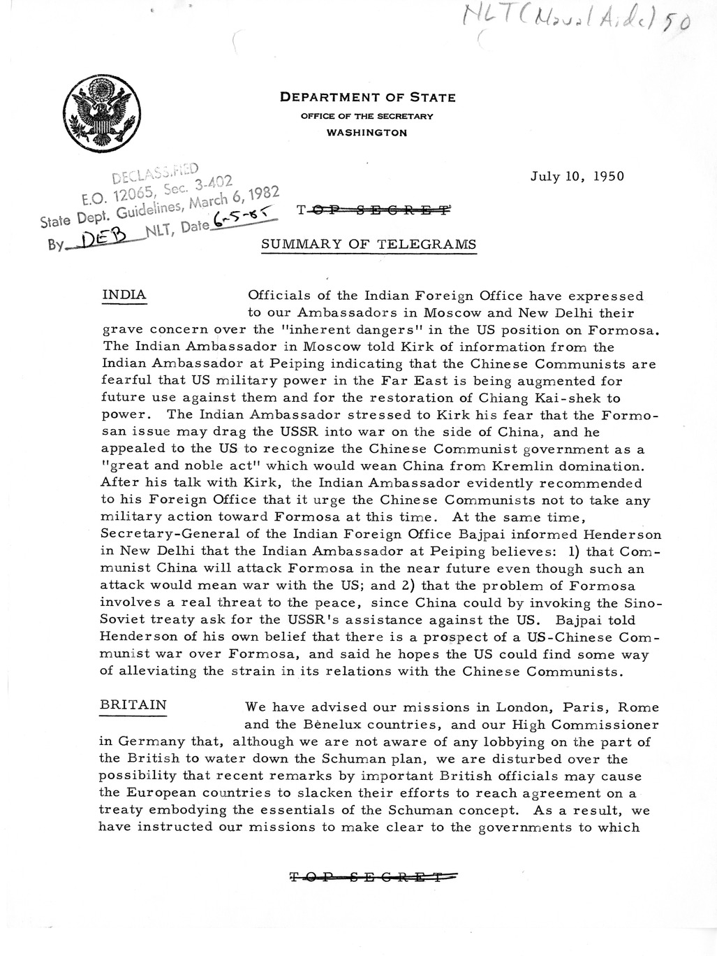 Memorandum, Department of State Summary of Telegrams