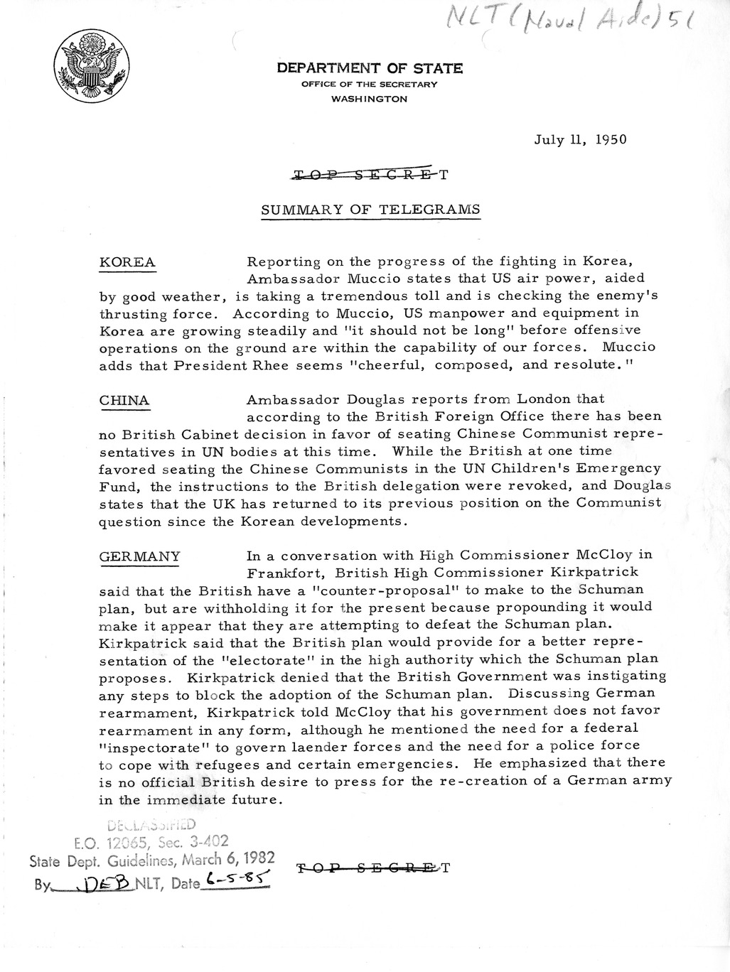 Memorandum, State Department Summary of Telegrams