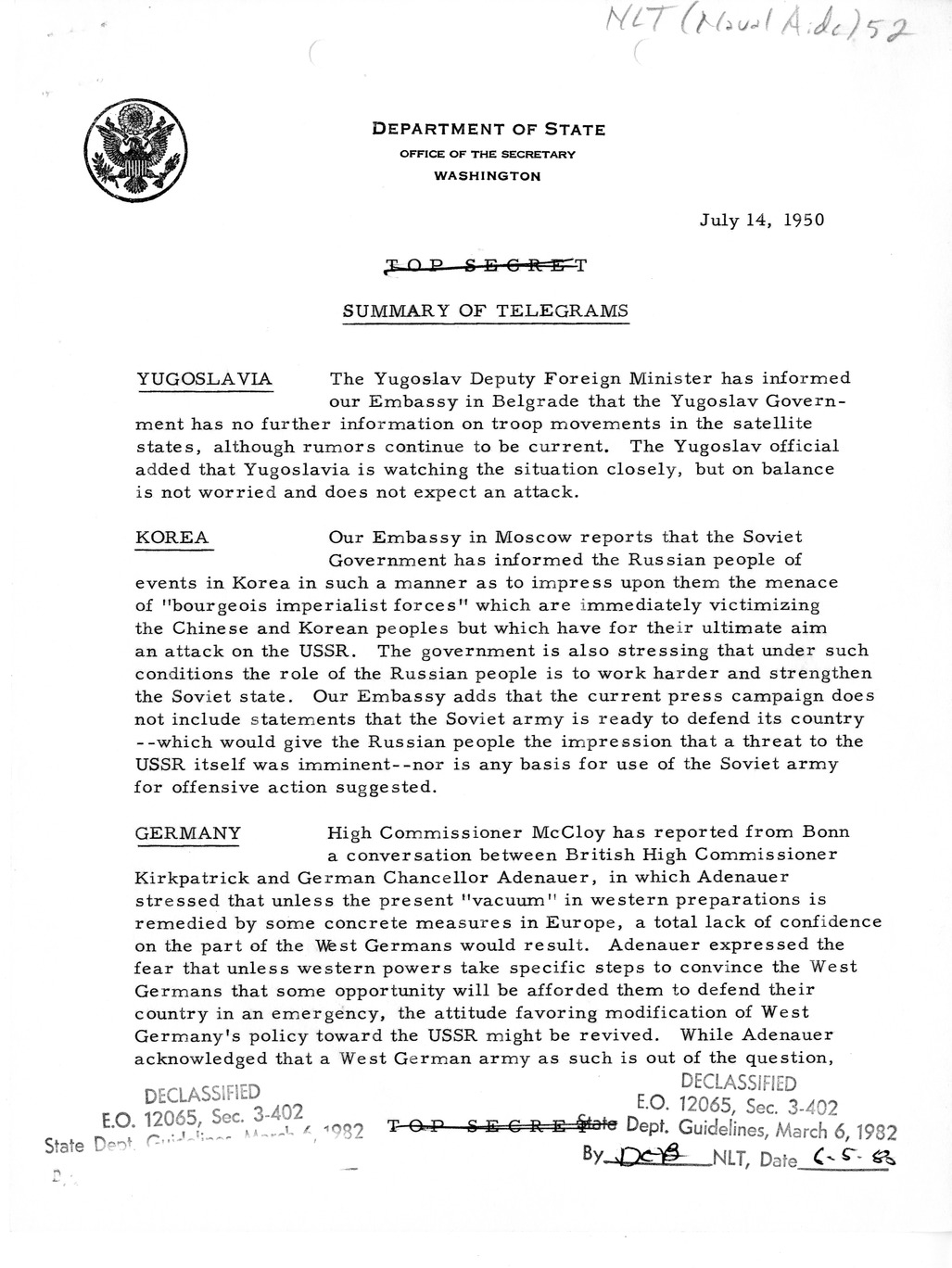 Memorandum, Department of State Summary of Telegrams