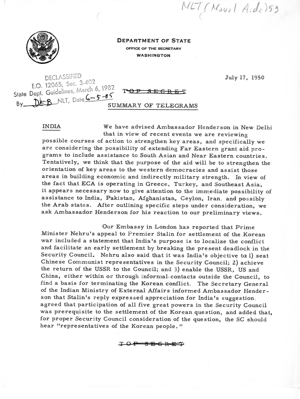 Memorandum, Department of State Summary of Telegrams