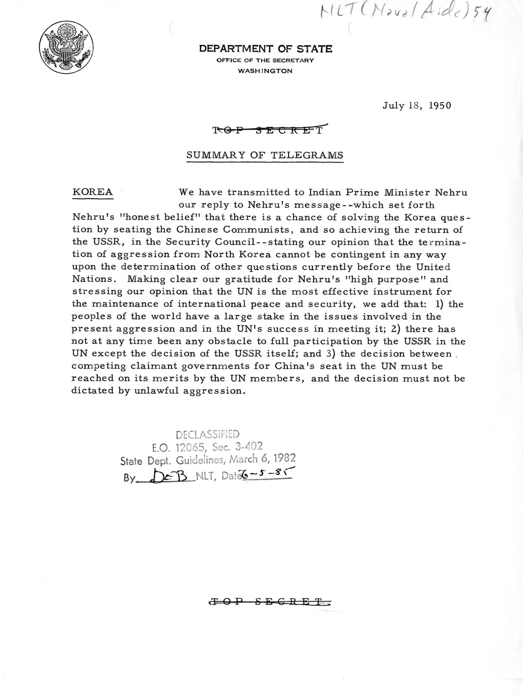 Memorandum, State Department Summary of Telegrams