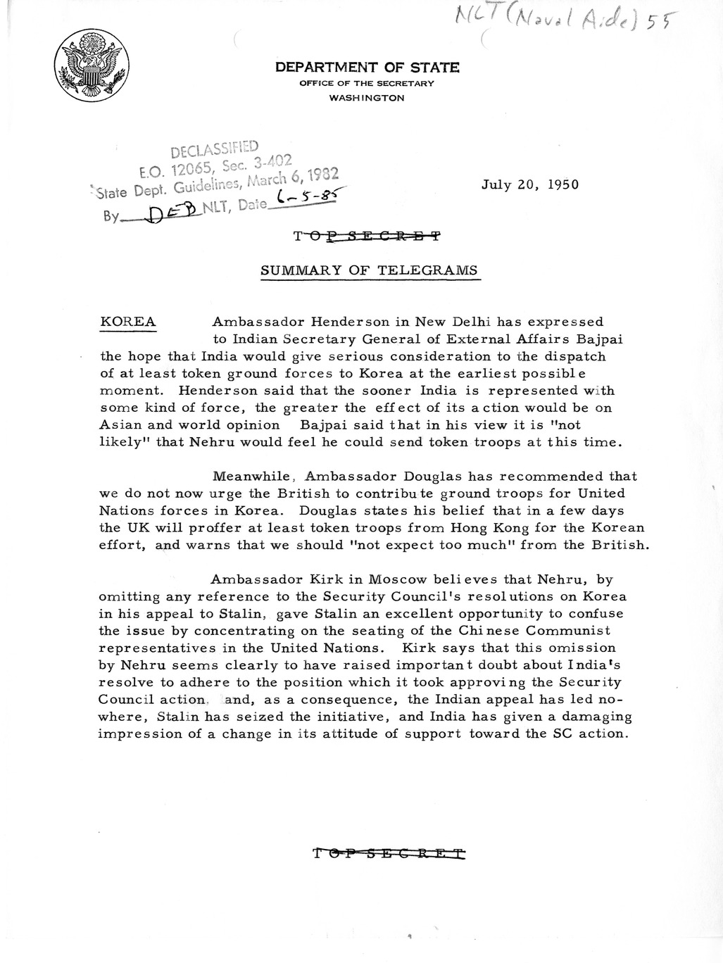 Memorandum, Department of State Summary of Telegrams