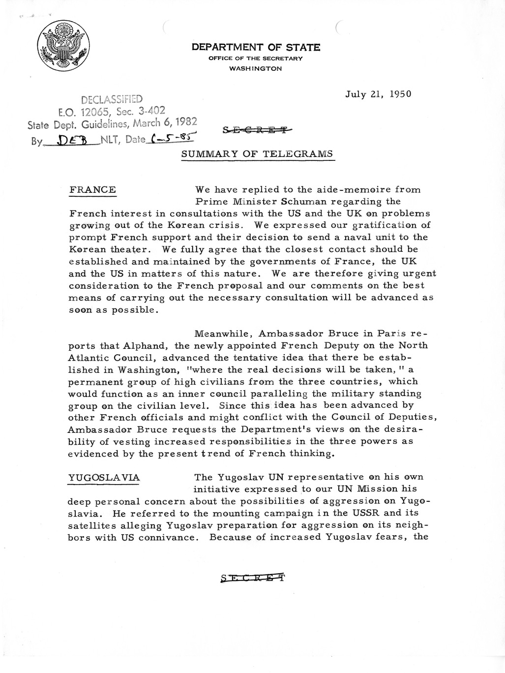 Memorandum, Department of State Summary of Telegrams