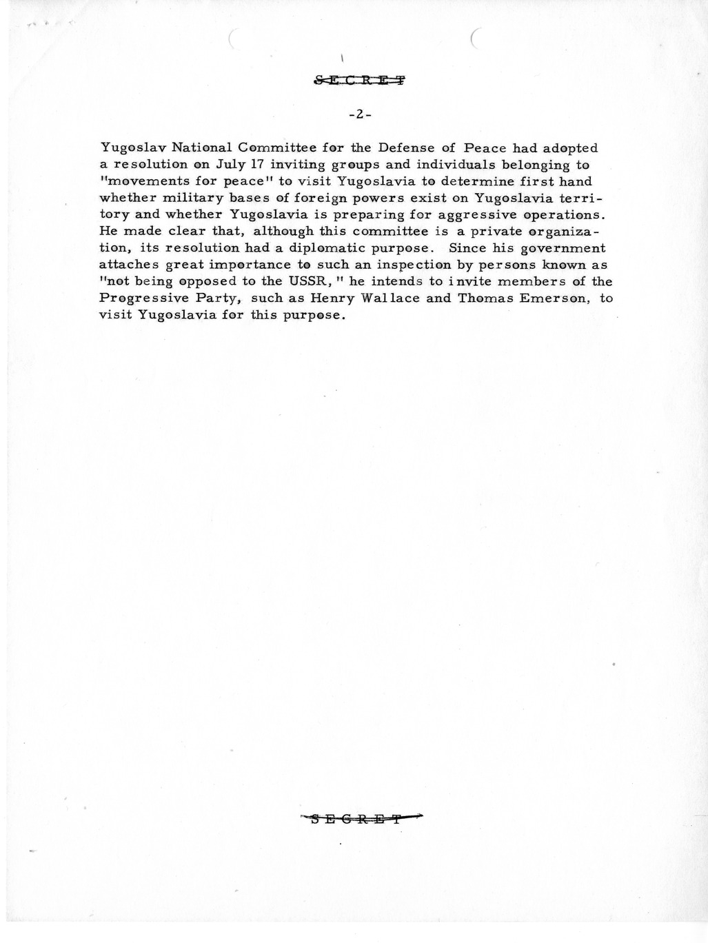 Memorandum, Department of State Summary of Telegrams