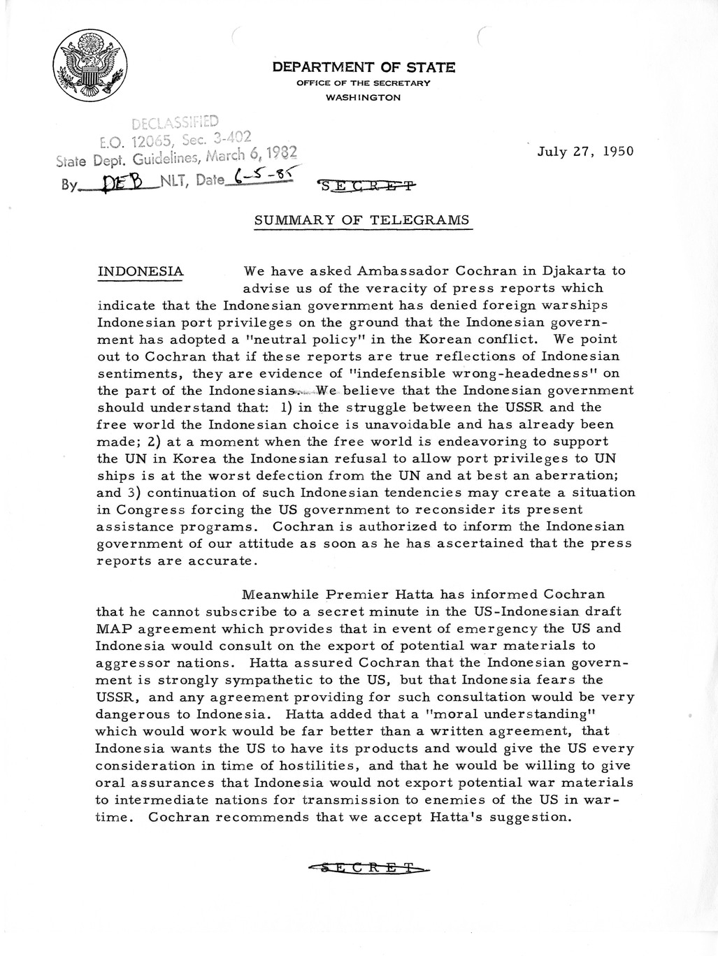 Memorandum, Department of State Summary of Telegrams