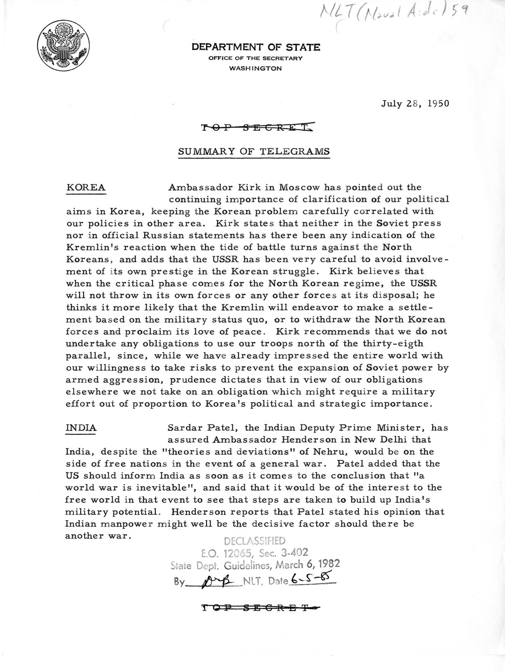 Memorandum, State Department Summary of Telegrams