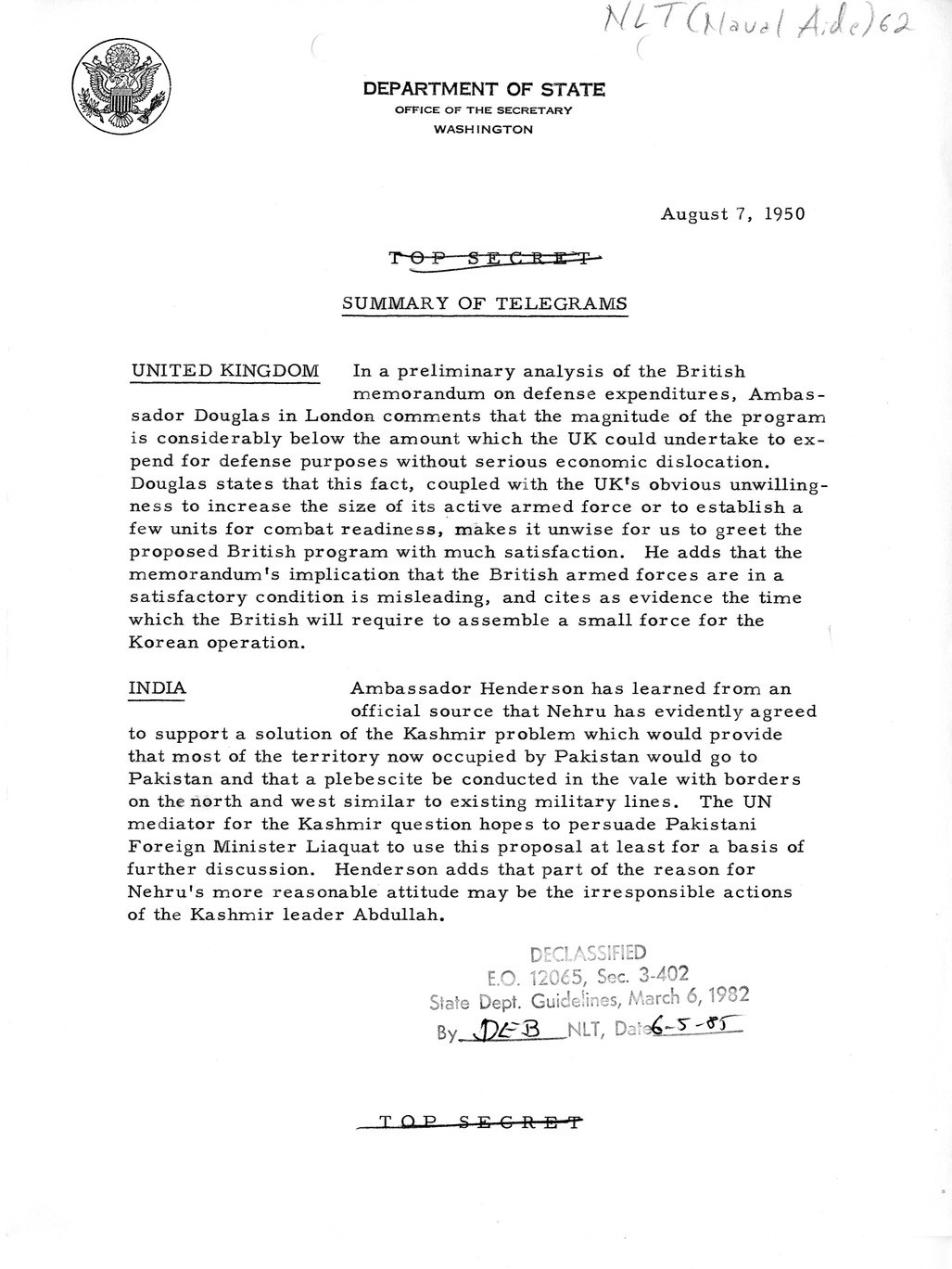 Memorandum, Department of State Summary of Telegrams