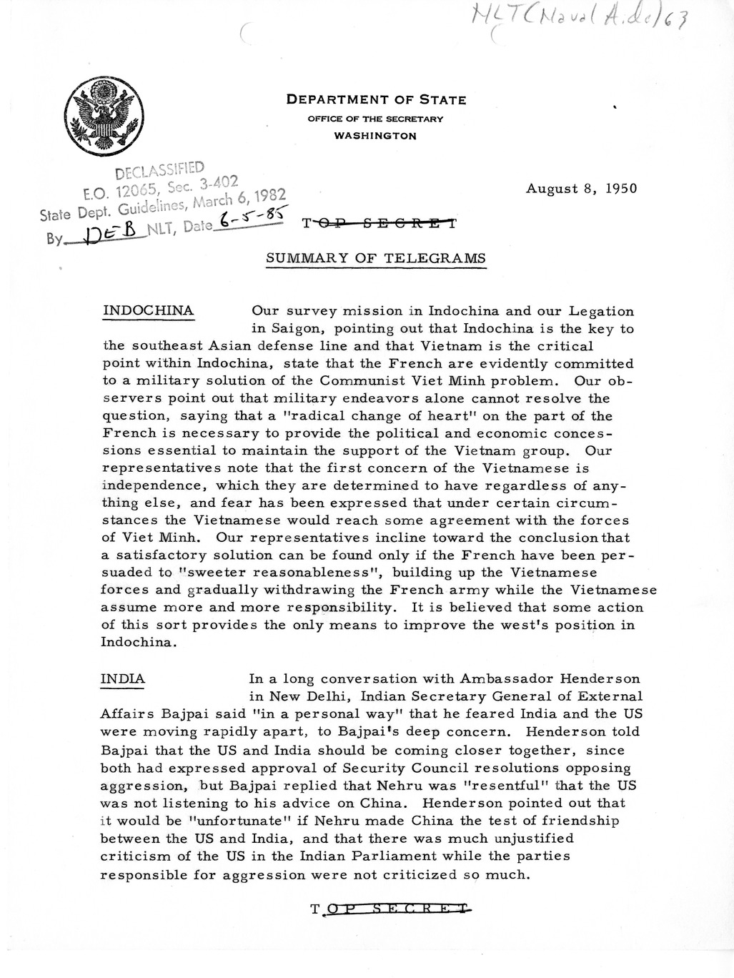 Memorandum, State Department Summary of Telegrams