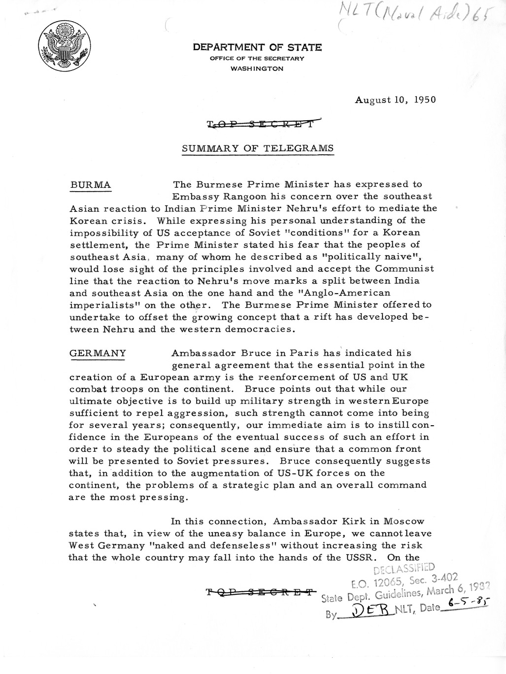 Memorandum, State Department Summary of Telegrams