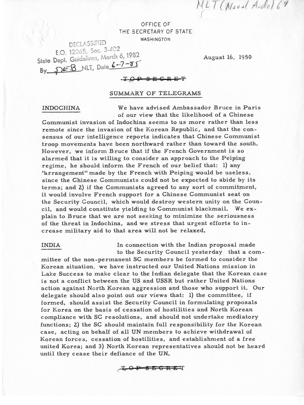 Memorandum, Department of State Summary of Telegrams