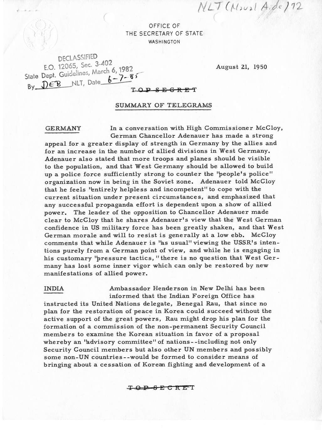 Memorandum, Department of State Summary of Telegrams