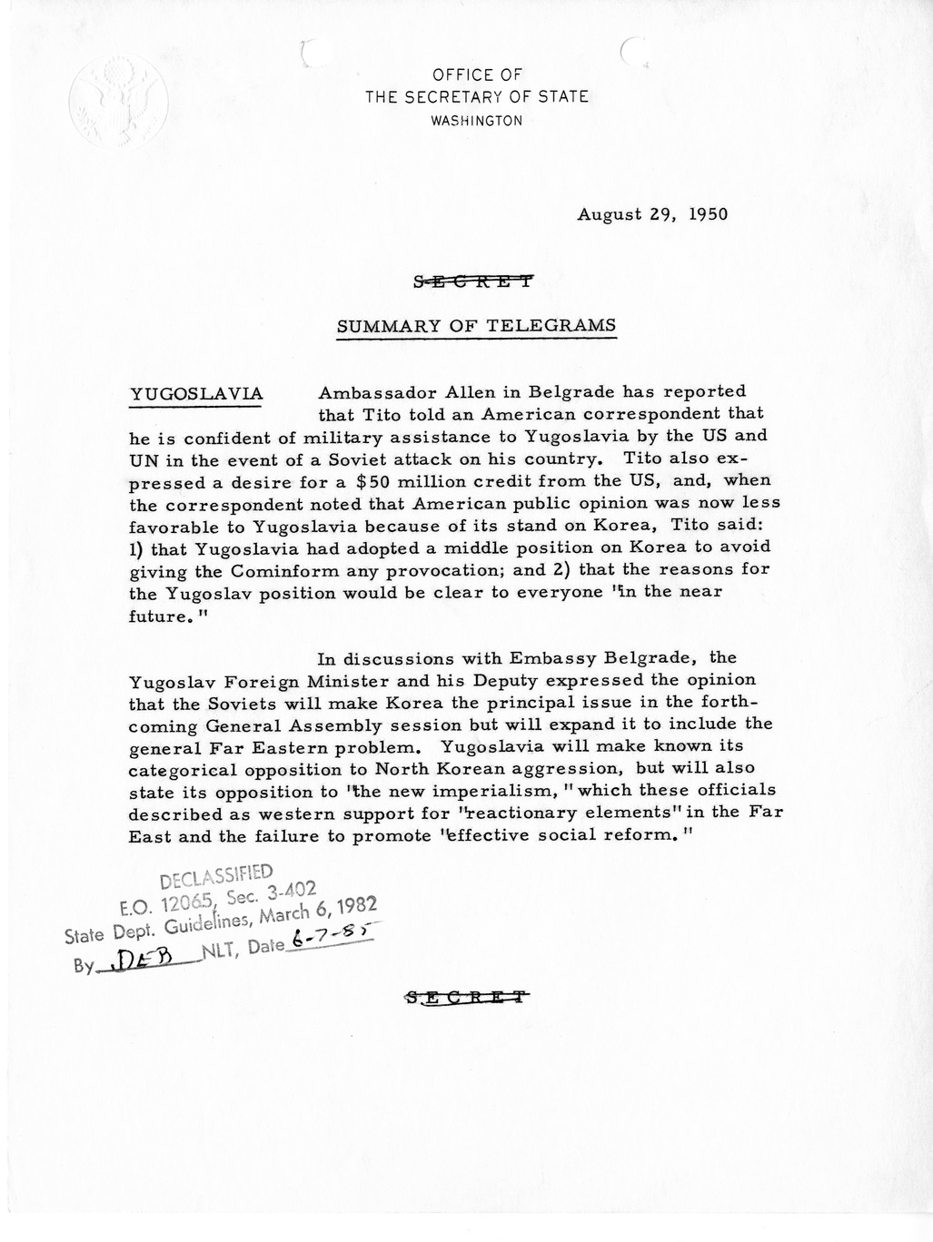 Memorandum, Department of State Summary of Telegrams