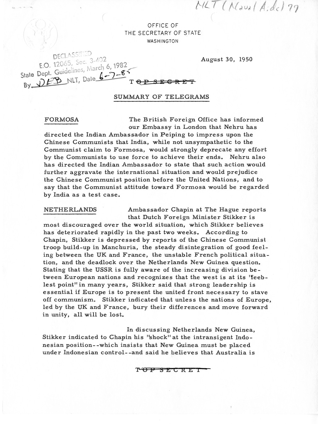 Memorandum, State Department Summary of Telegrams