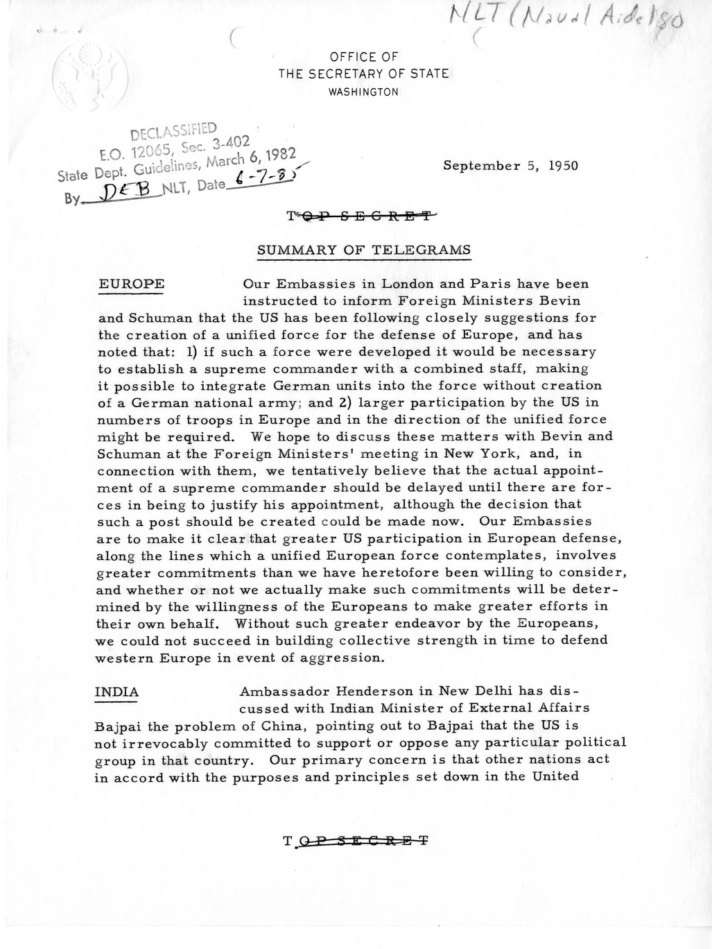 Memorandum, State Department Summary of Telegrams