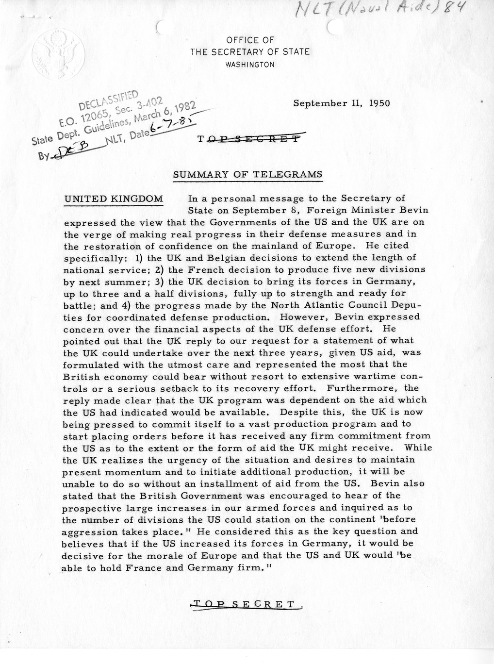 Memorandum, Department of State Summary of Telegrams