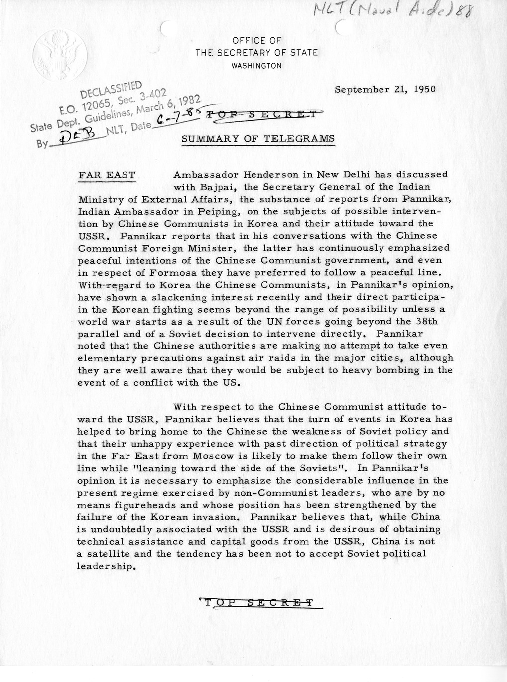 Memorandum, State Department Summary of Telegrams