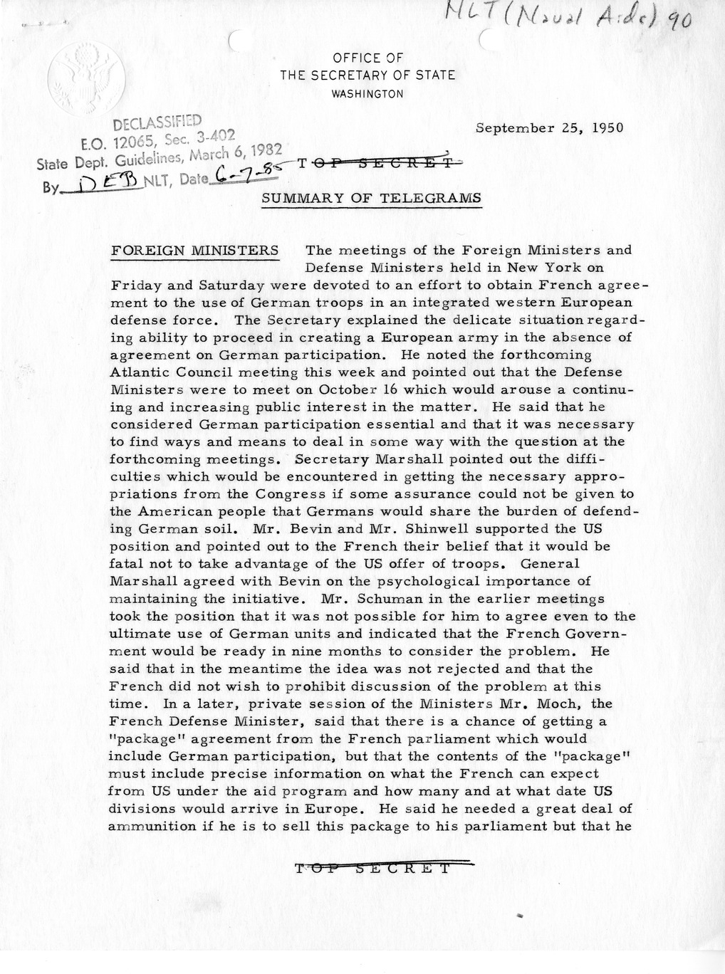 Memorandum, Department of State Summary of Telegrams