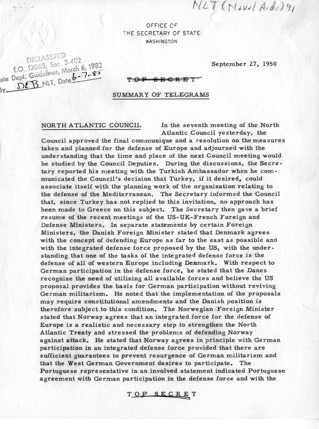 Memorandum, Department of State Summary of Telegrams