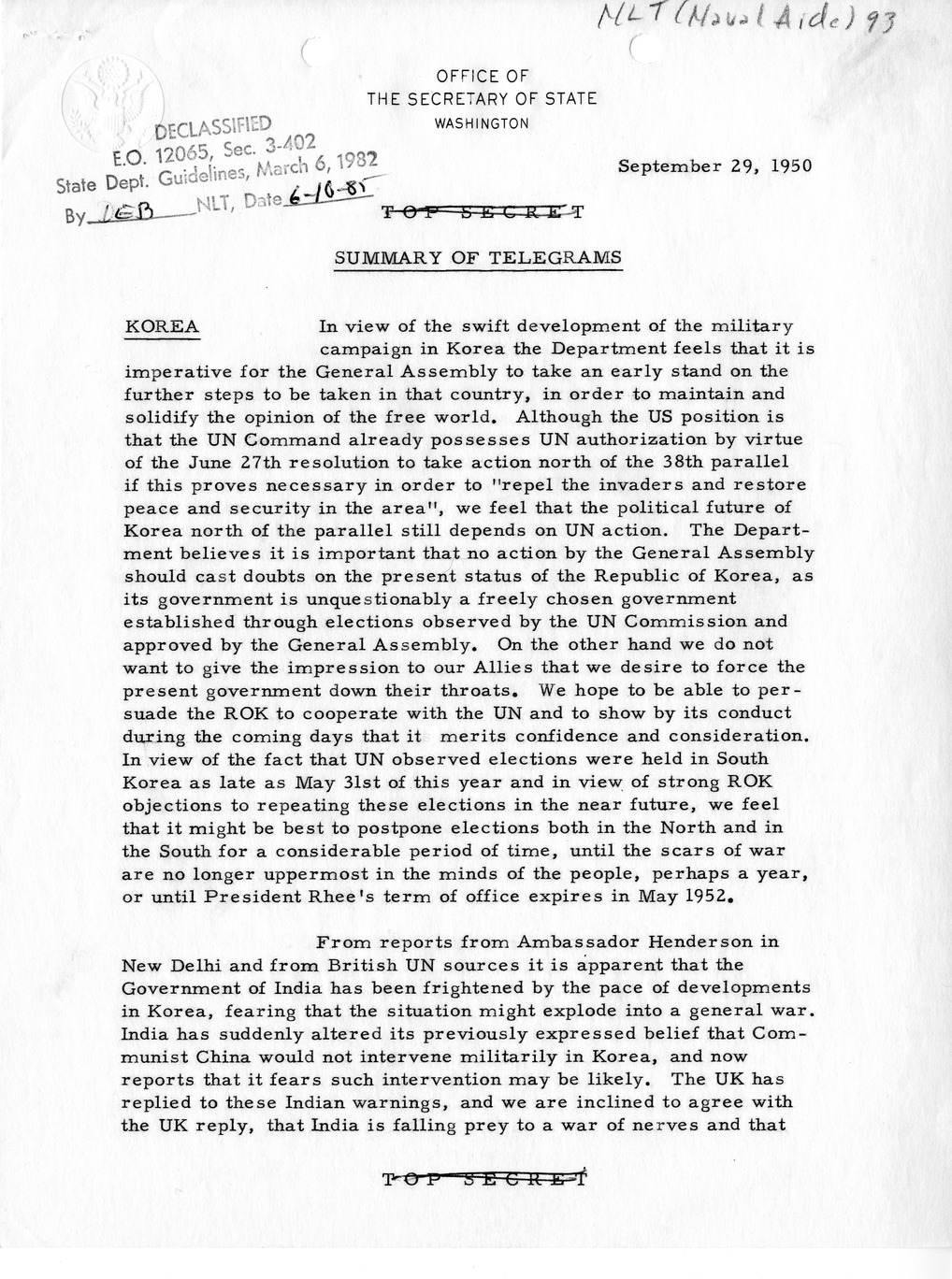 Memorandum, Department of State Summary of Telegrams