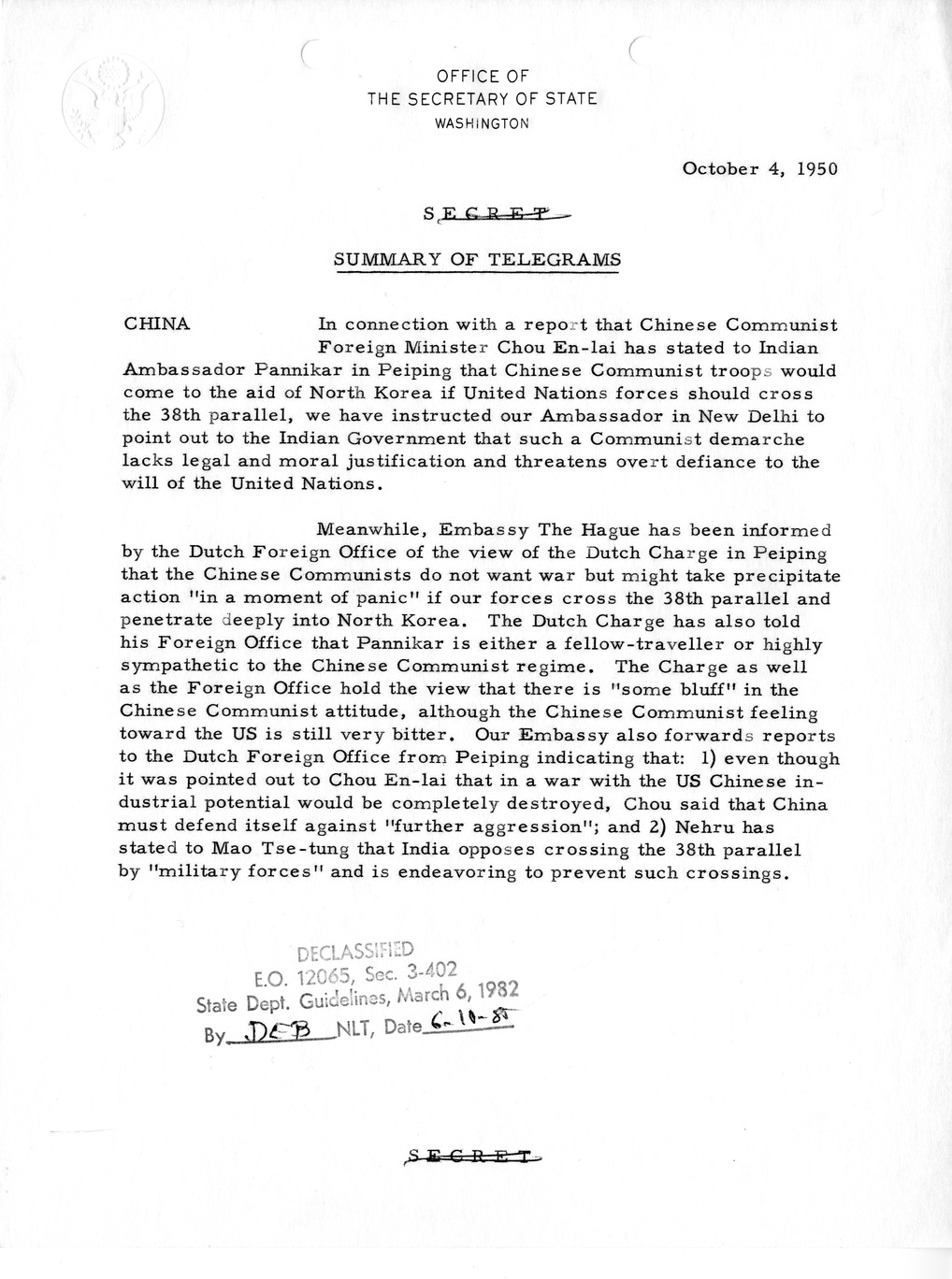 Memorandum, Department of State Summary of Telegrams