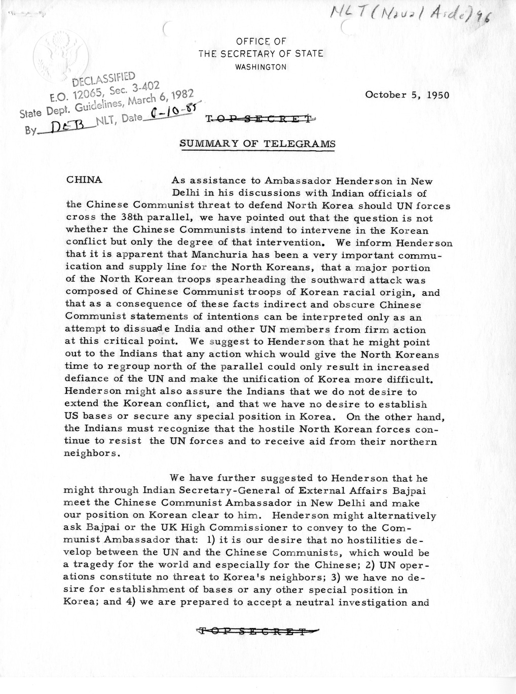 Memorandum, State Department Summary of Telegrams