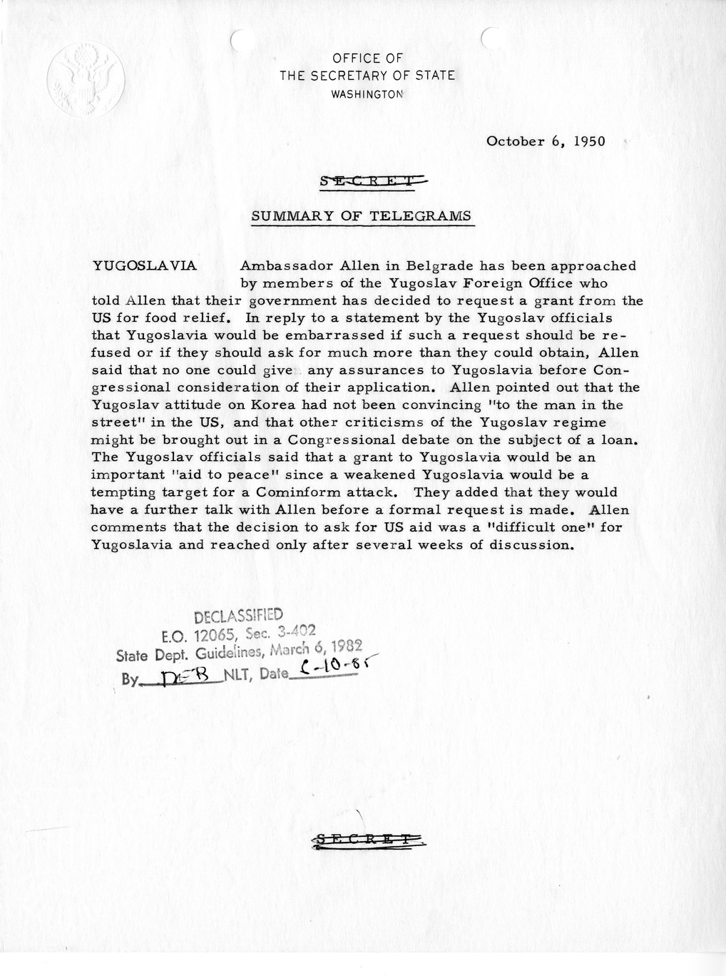 Memorandum, Department of State Summary of Telegrams