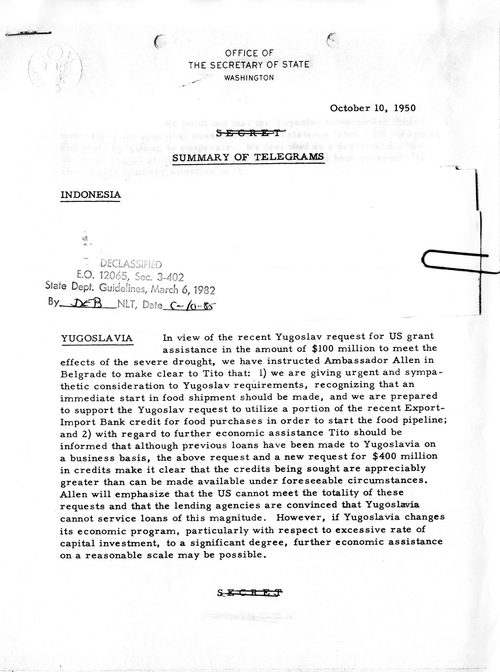 Memorandum, Department of State Summary of Telegrams [Sanitized]