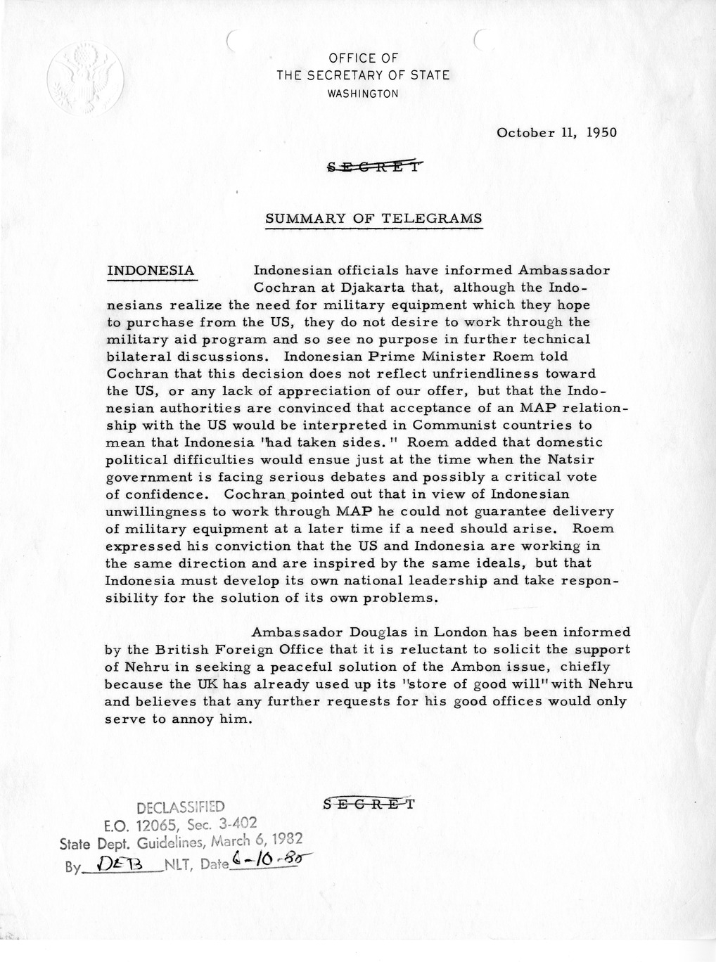 Memorandum, Department of State Summary of Telegrams